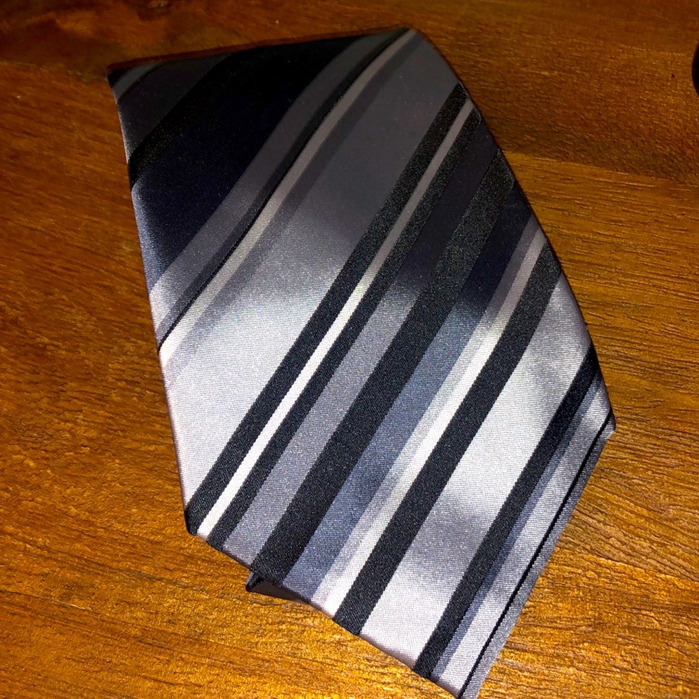 Geoffrey Beene black, silver, and grey striped tie.